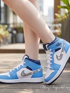 Bling Jordan 1 Mid Shoes Custom With Clear Swarovski Crystals Girls Nike 🩵
